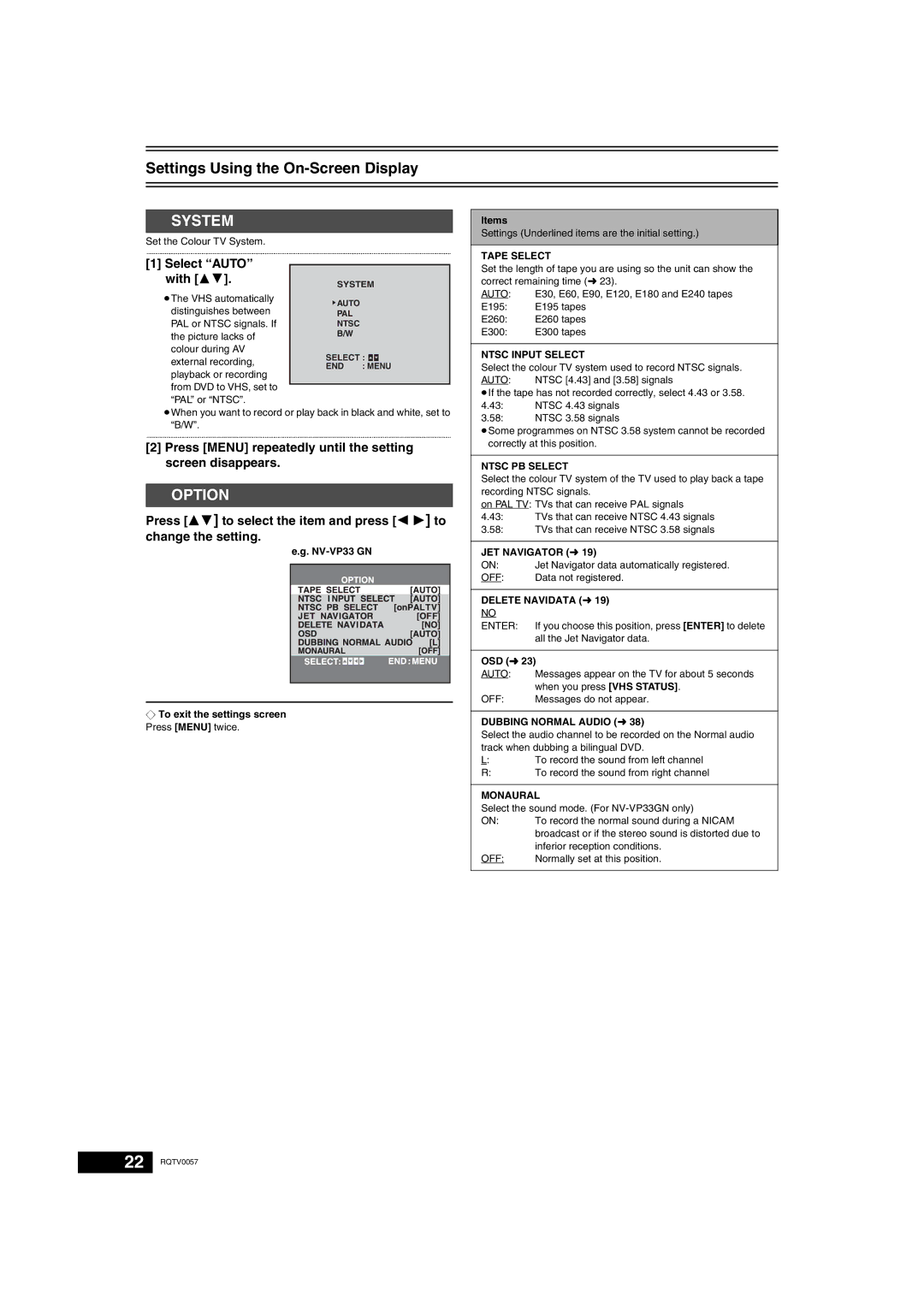 Panasonic NV-VP33 Series operating instructions Settings Using the On-Screen Display, Select Auto with 