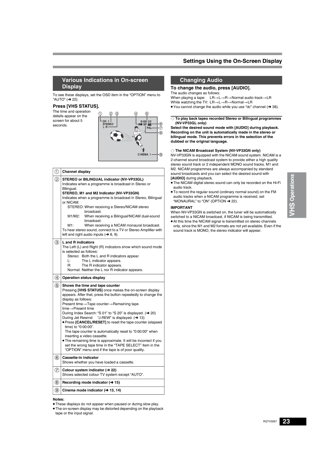 Panasonic NV-VP33 Series Settings Using the On-Screen Display, Various Indications in On-screen Changing Audio Display 