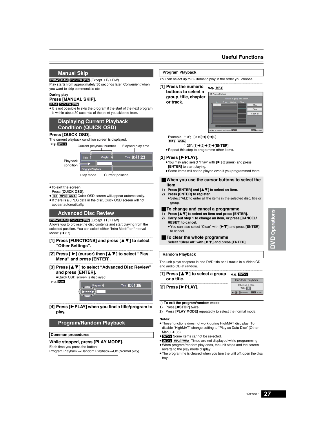 Panasonic NV-VP33 Series Useful Functions, Manual Skip, Displaying Current Playback Condition Quick OSD 