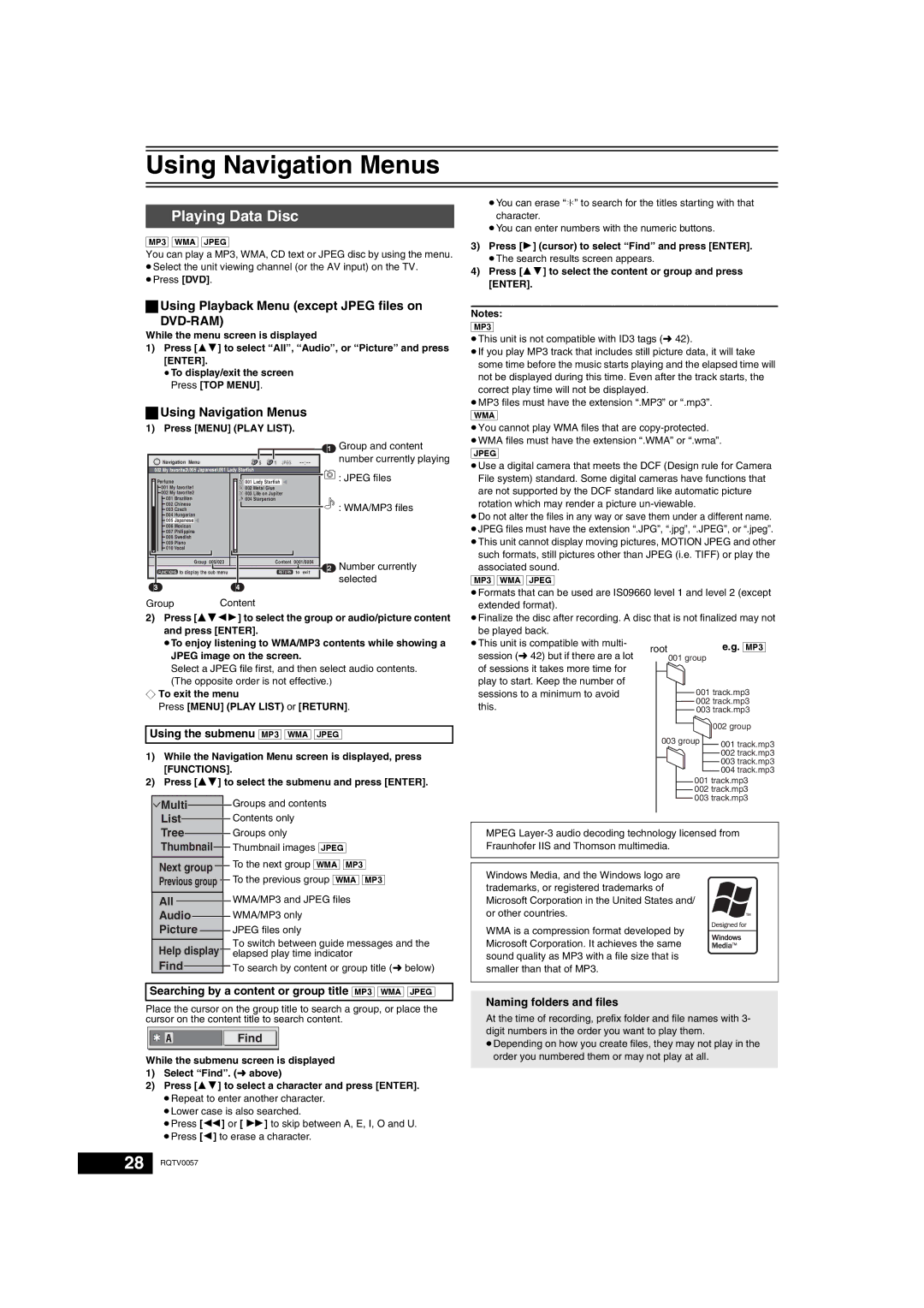 Panasonic NV-VP33 Series Using Navigation Menus, Playing Data Disc, Using Playback Menu except Jpeg files on 