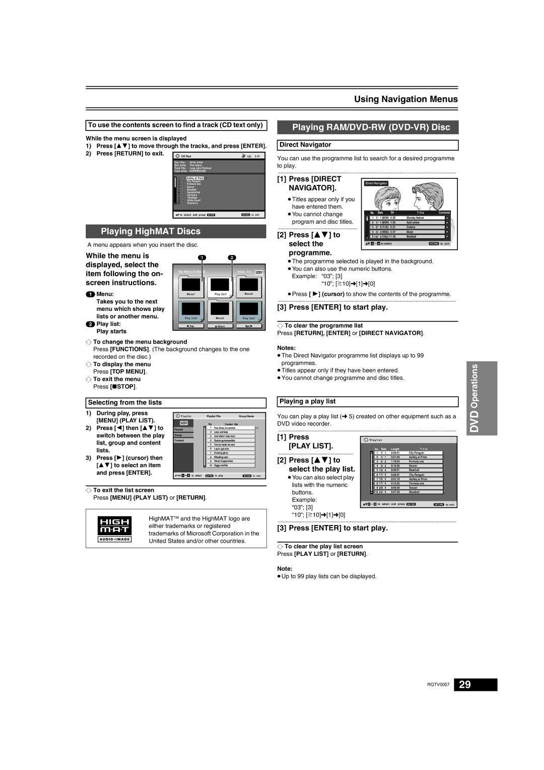 Panasonic NV-VP33 Series Using Navigation Menus, Playing RAM/DVD-RW DVD-VR Disc, Playing HighMAT Discs 