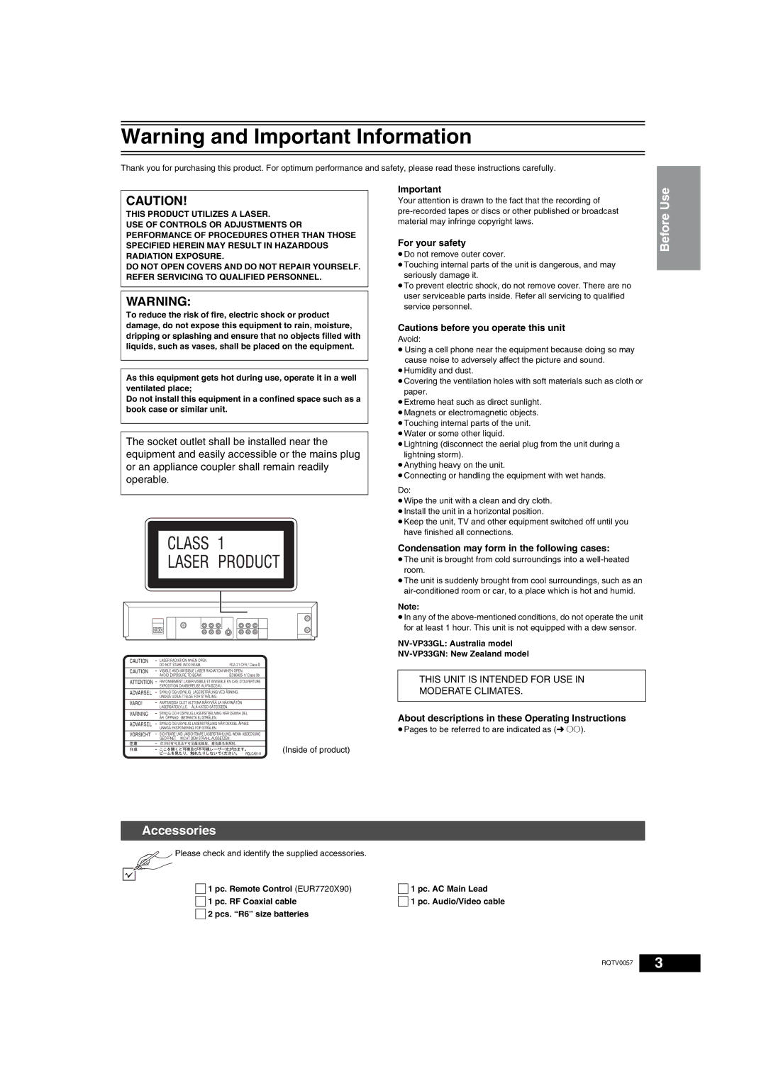 Panasonic NV-VP33 Series operating instructions Accessories, For your safety, Condensation may form in the following cases 