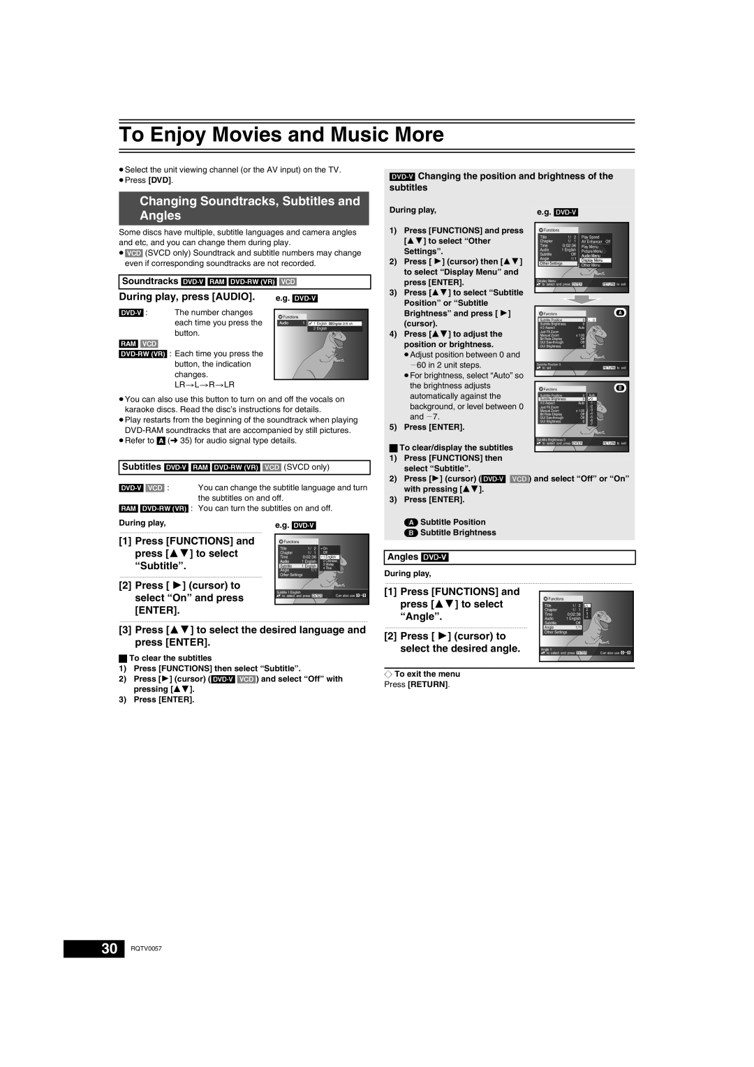 Panasonic NV-VP33 Series To Enjoy Movies and Music More, Changing Soundtracks, Subtitles and Angles, Press Functions 