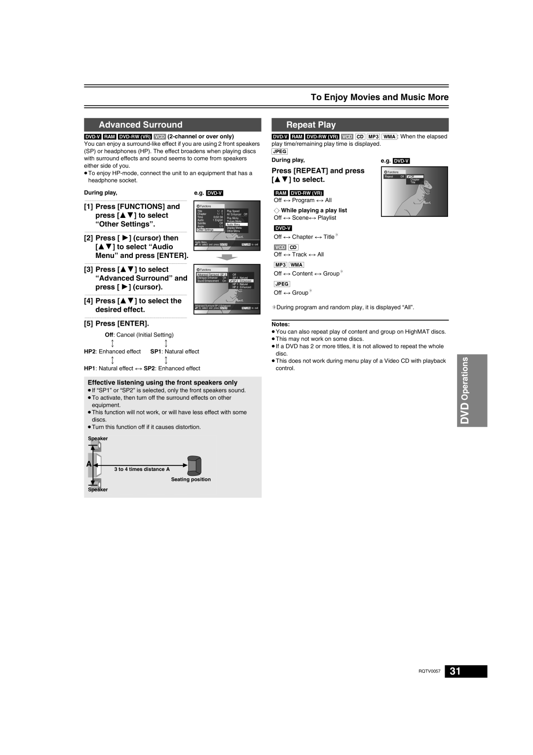 Panasonic NV-VP33 Series operating instructions To Enjoy Movies and Music More, Advanced Surround, Repeat Play 