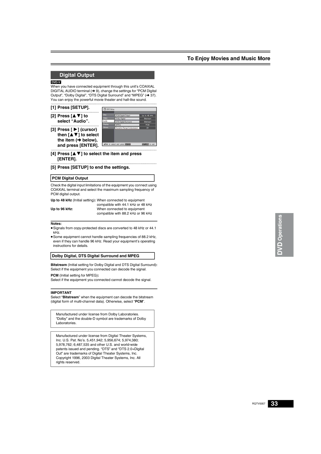 Panasonic NV-VP33 Series operating instructions PCM Digital Output, Dolby Digital, DTS Digital Surround and Mpeg 