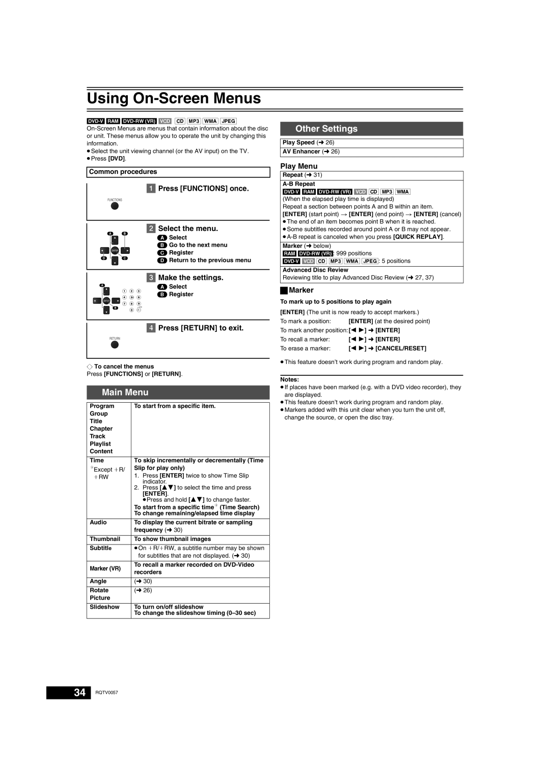 Panasonic NV-VP33 Series operating instructions Using On-Screen Menus, Main Menu, Other Settings 