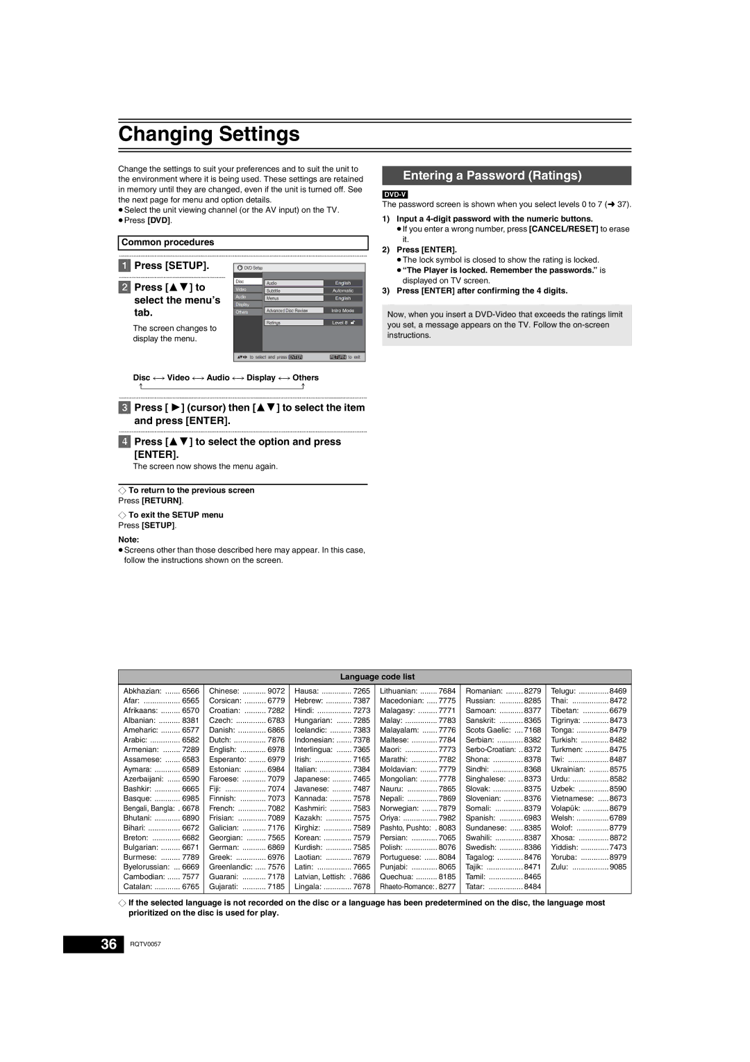 Panasonic NV-VP33 Series operating instructions Changing Settings, Entering a Password Ratings 