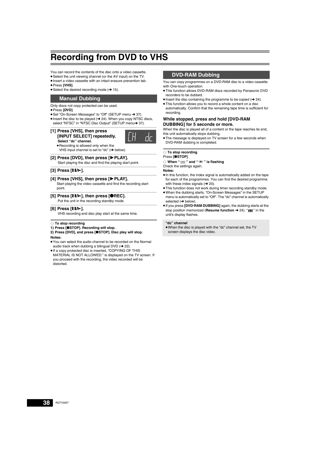 Panasonic NV-VP33 Series operating instructions Recording from DVD to VHS, Manual Dubbing, DVD-RAM Dubbing 