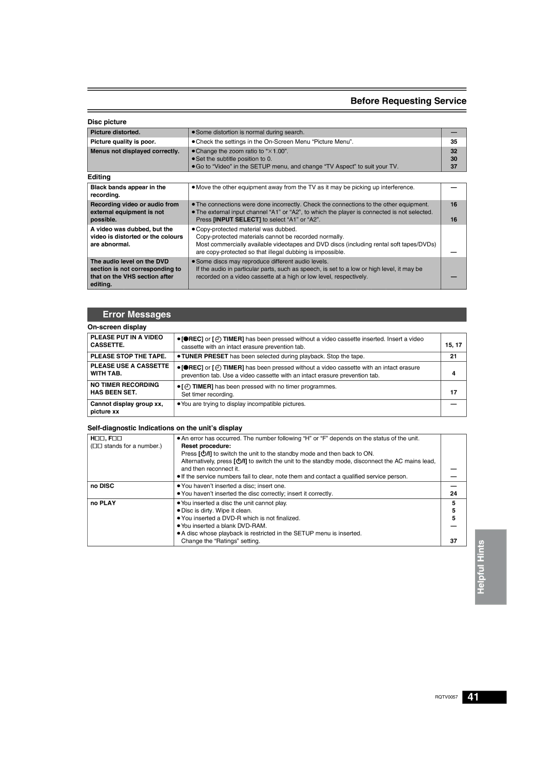 Panasonic NV-VP33 Series operating instructions Error Messages, Disc picture, Editing, On-screen display 