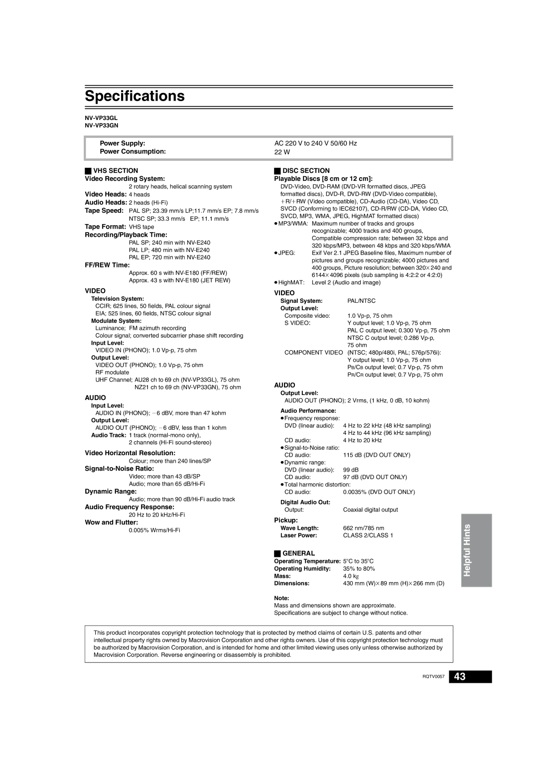 Panasonic NV-VP33 Series operating instructions Specifications 