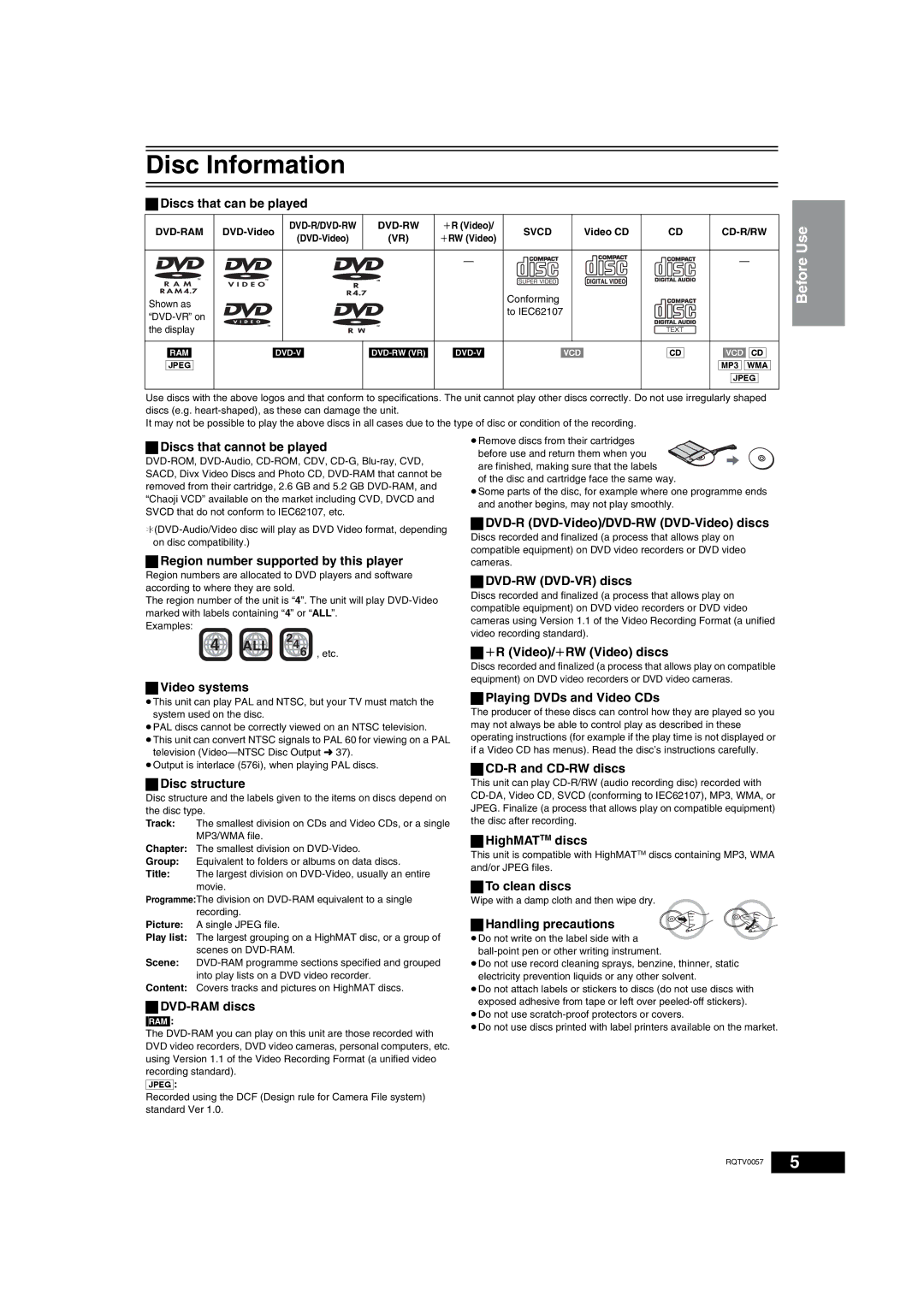 Panasonic NV-VP33 Series operating instructions Disc Information 