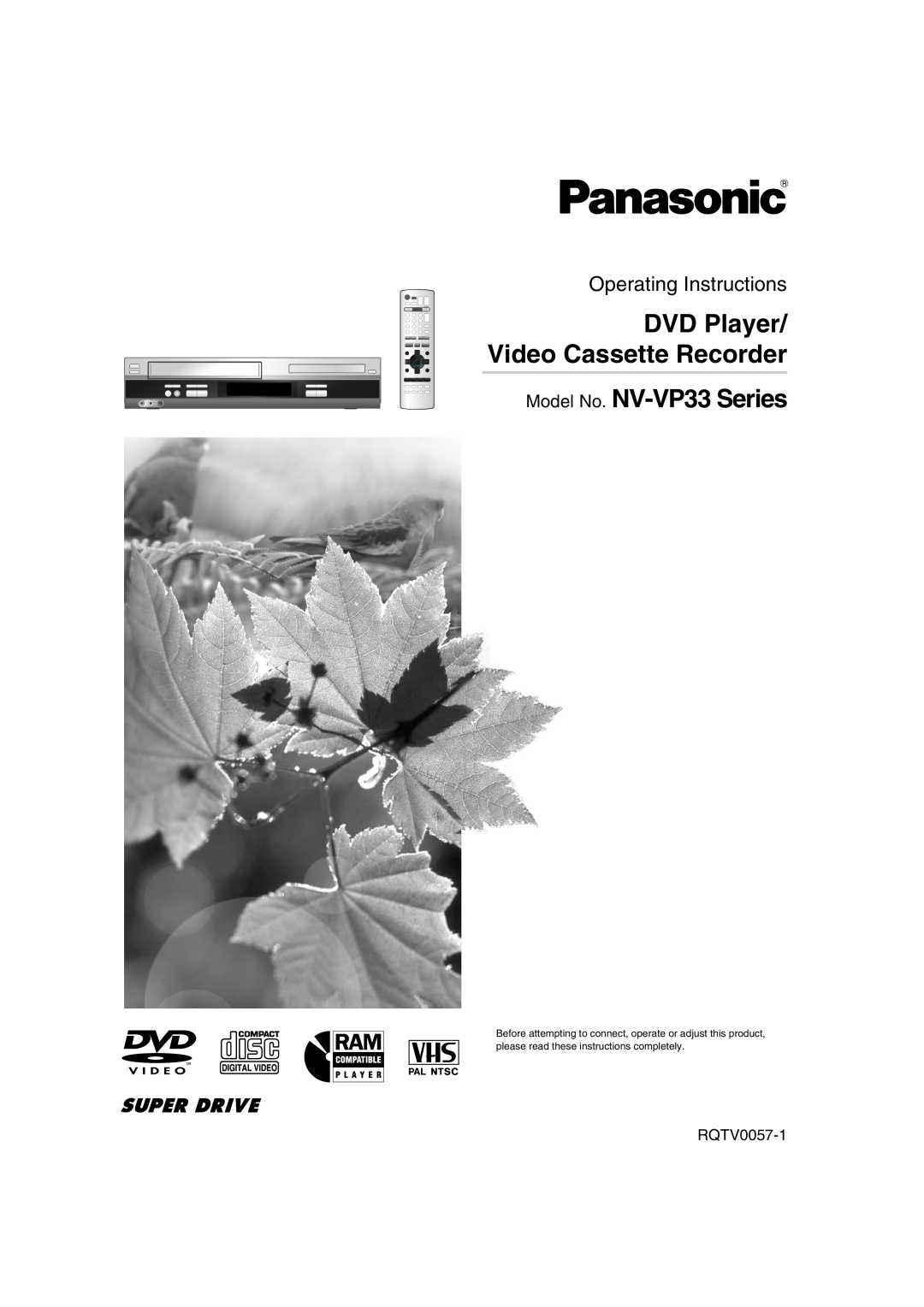 Panasonic operating instructions Model No. NV-VP33 Series, DVD Player/ Video Cassette Recorder, Operating Instructions 