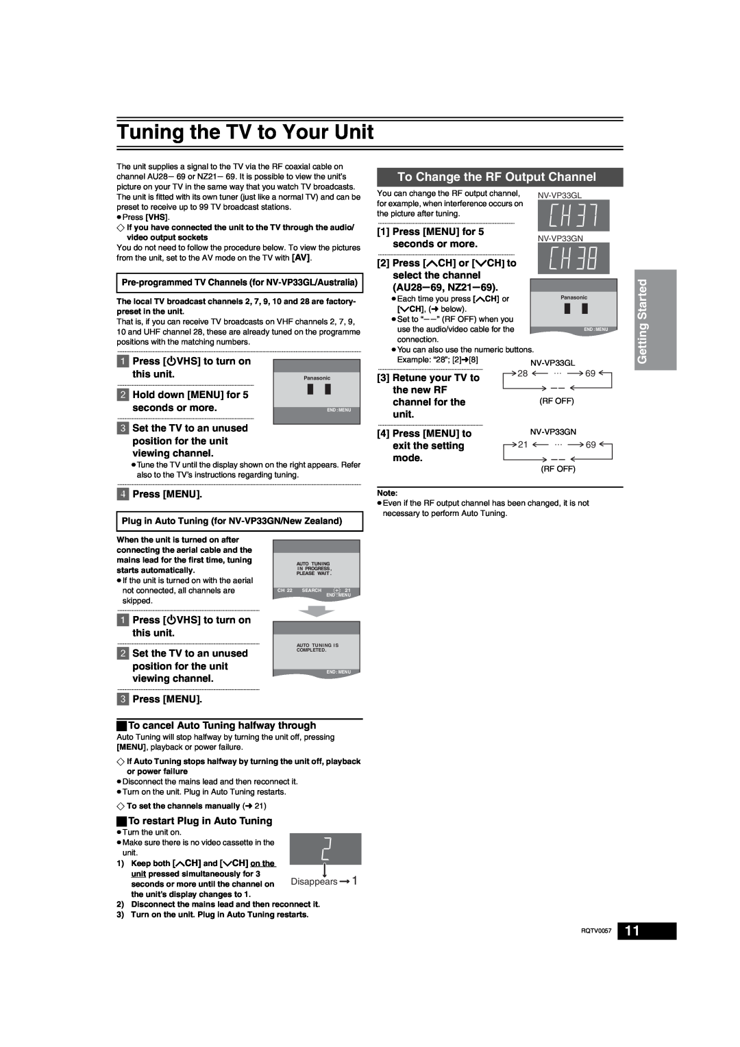 Panasonic NV-VP33 Series Tuning the TV to Your Unit, To Change the RF Output Channel, Getting Started, Press MENU for 