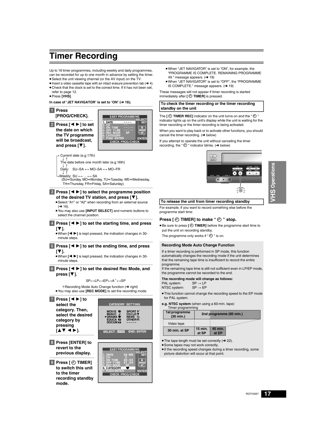 Panasonic NV-VP33 Series Timer Recording, Press PROG/CHECK, Press 2 1 to select the programme position, VHS Operations 