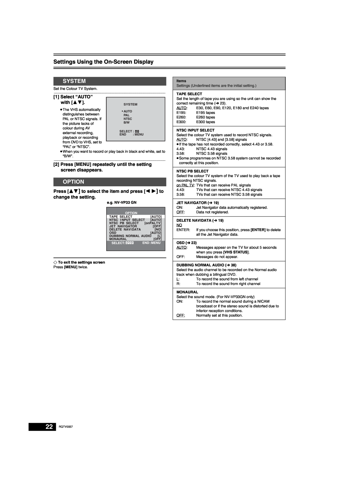 Panasonic NV-VP33 Series operating instructions Settings Using the On-Screen Display, System, Option, Select “AUTO” with 