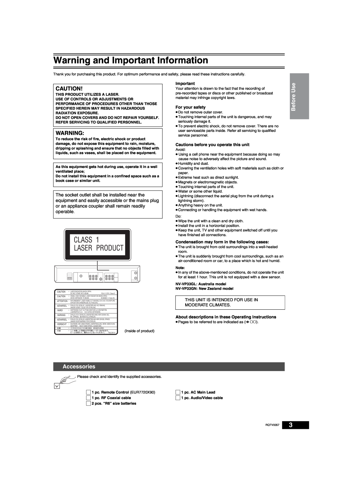 Panasonic NV-VP33 Series operating instructions Warning and Important Information, Accessories, Before Use, For your safety 