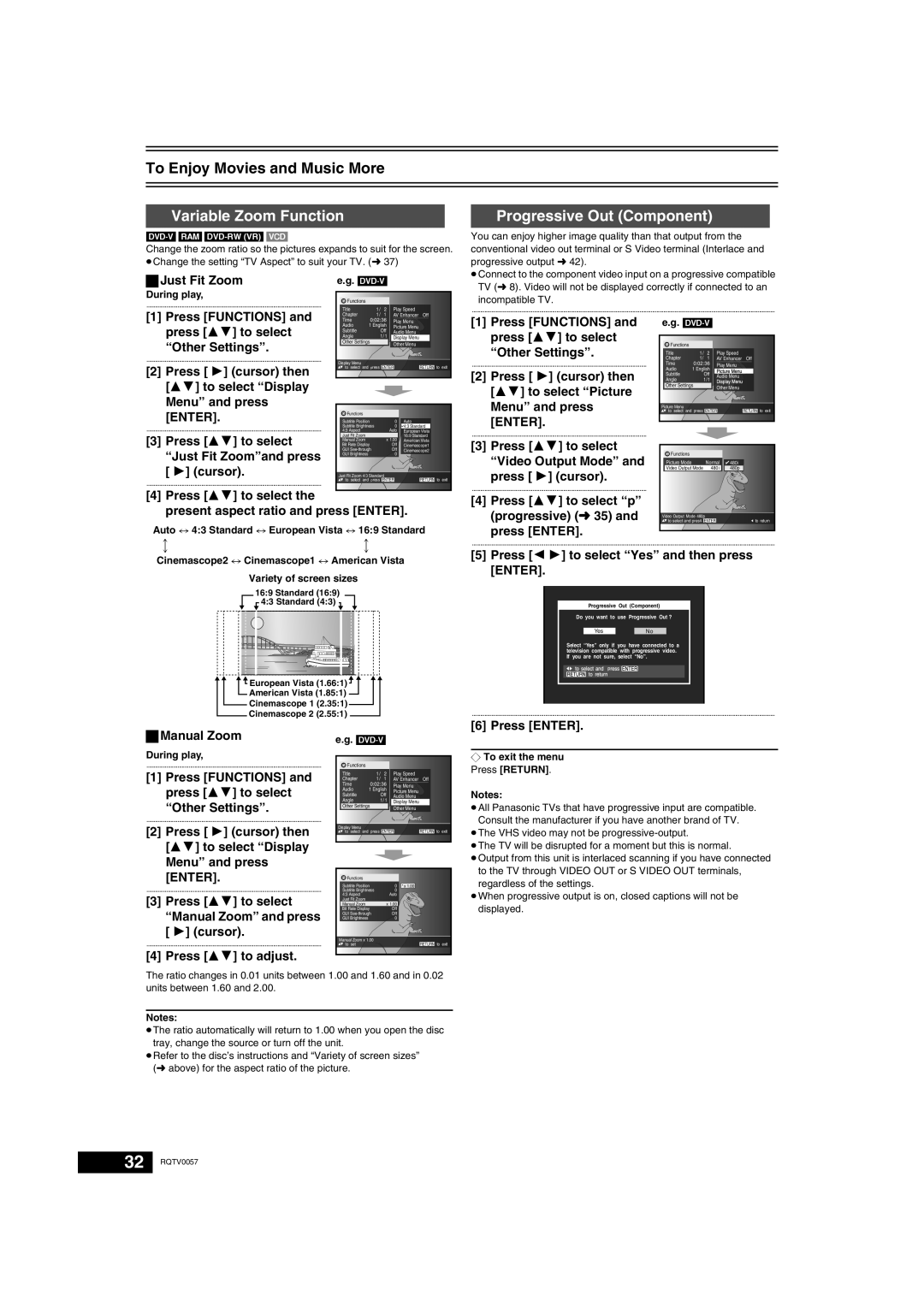 Panasonic NV-VP33 Series Variable Zoom Function, Progressive Out Component, press 1 cursor, ª Manual Zoom, Press ENTER 