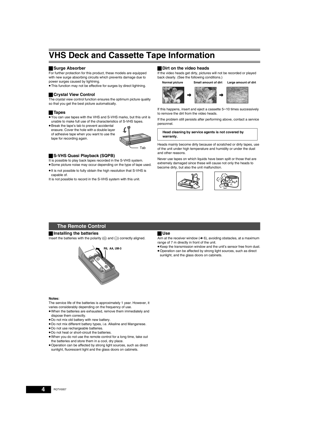 Panasonic NV-VP33 Series VHS Deck and Cassette Tape Information, The Remote Control, ª Surge Absorber, ª Tapes, ª Use 