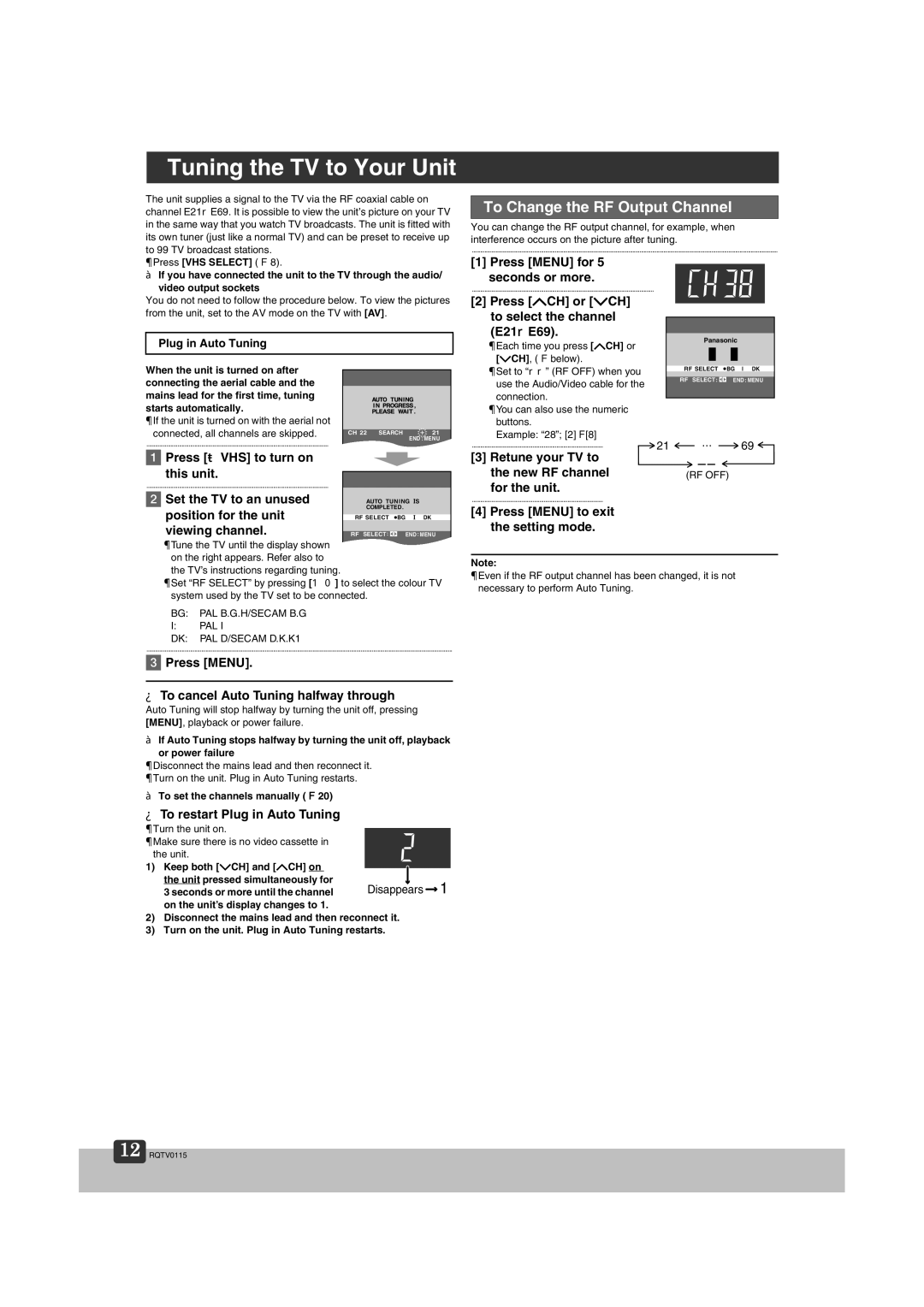 Panasonic NV-VP60 Series manual Tuning the TV to Your Unit, To Change the RF Output Channel 