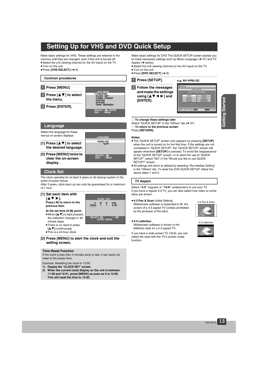 Panasonic NV-VP60 Series manual Setting Up for VHS and DVD Quick Setup, Language, Clock Set, Getting 