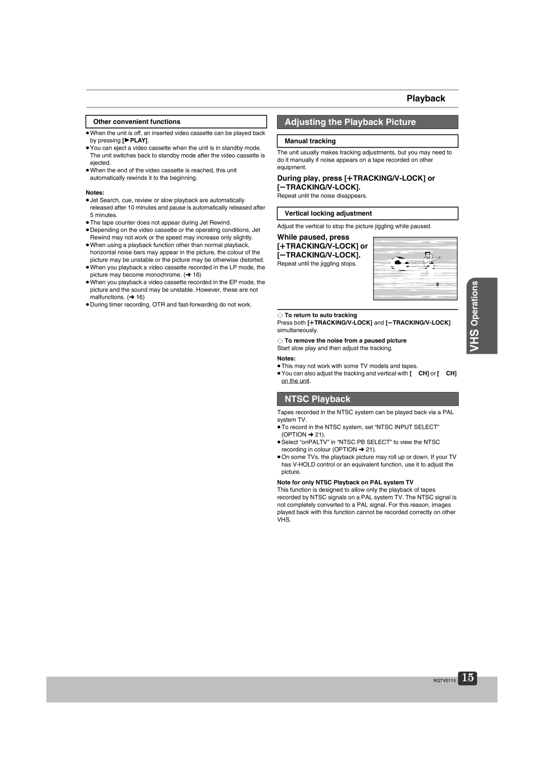 Panasonic NV-VP60 Series manual Adjusting the Playback Picture, Ntsc Playback 