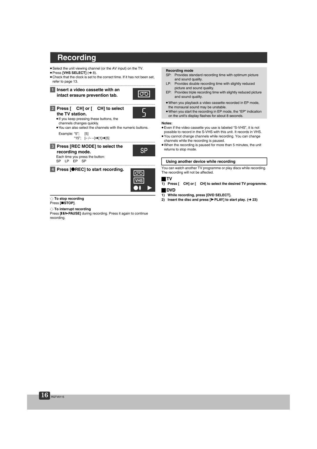 Panasonic NV-VP60 Series manual Press REC Mode to select Recording mode, Press ¥REC to start recording, Dvd 