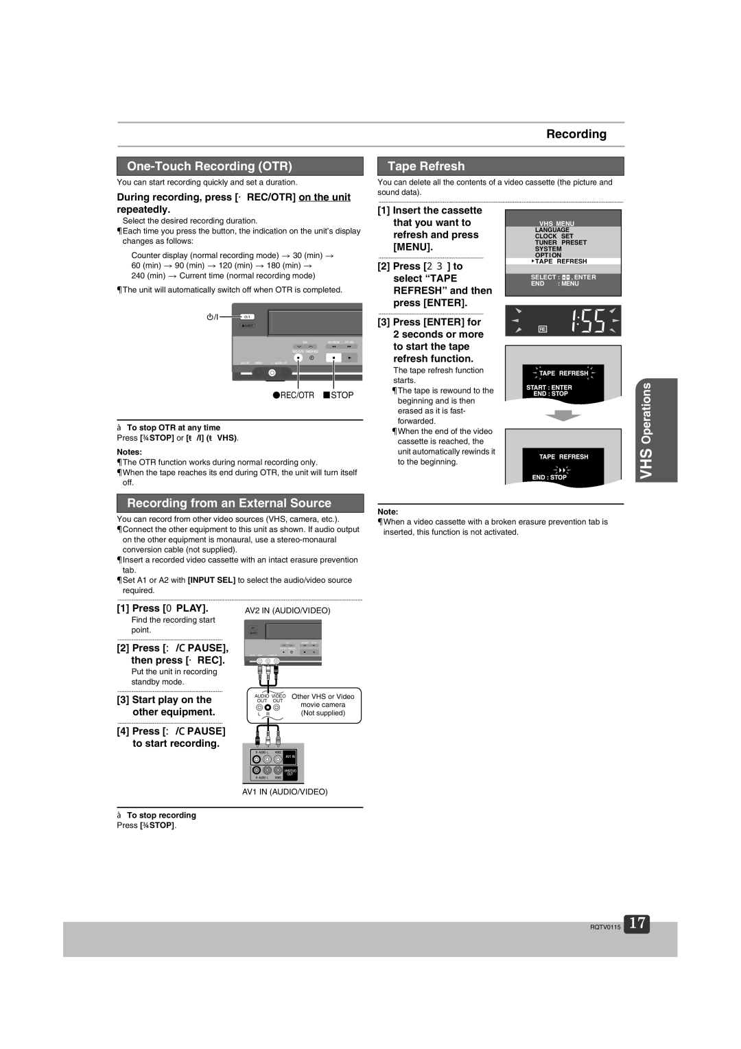 Panasonic NV-VP60 Series manual One-Touch Recording OTR, Tape Refresh, Recording from an External Source 