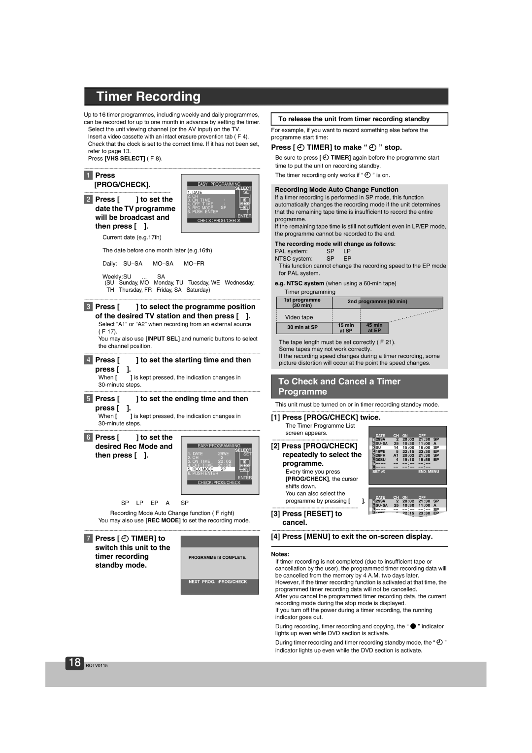 Panasonic NV-VP60 Series manual Timer Recording, To Check and Cancel a Timer Programme, Desired Rec Mode, Then press 