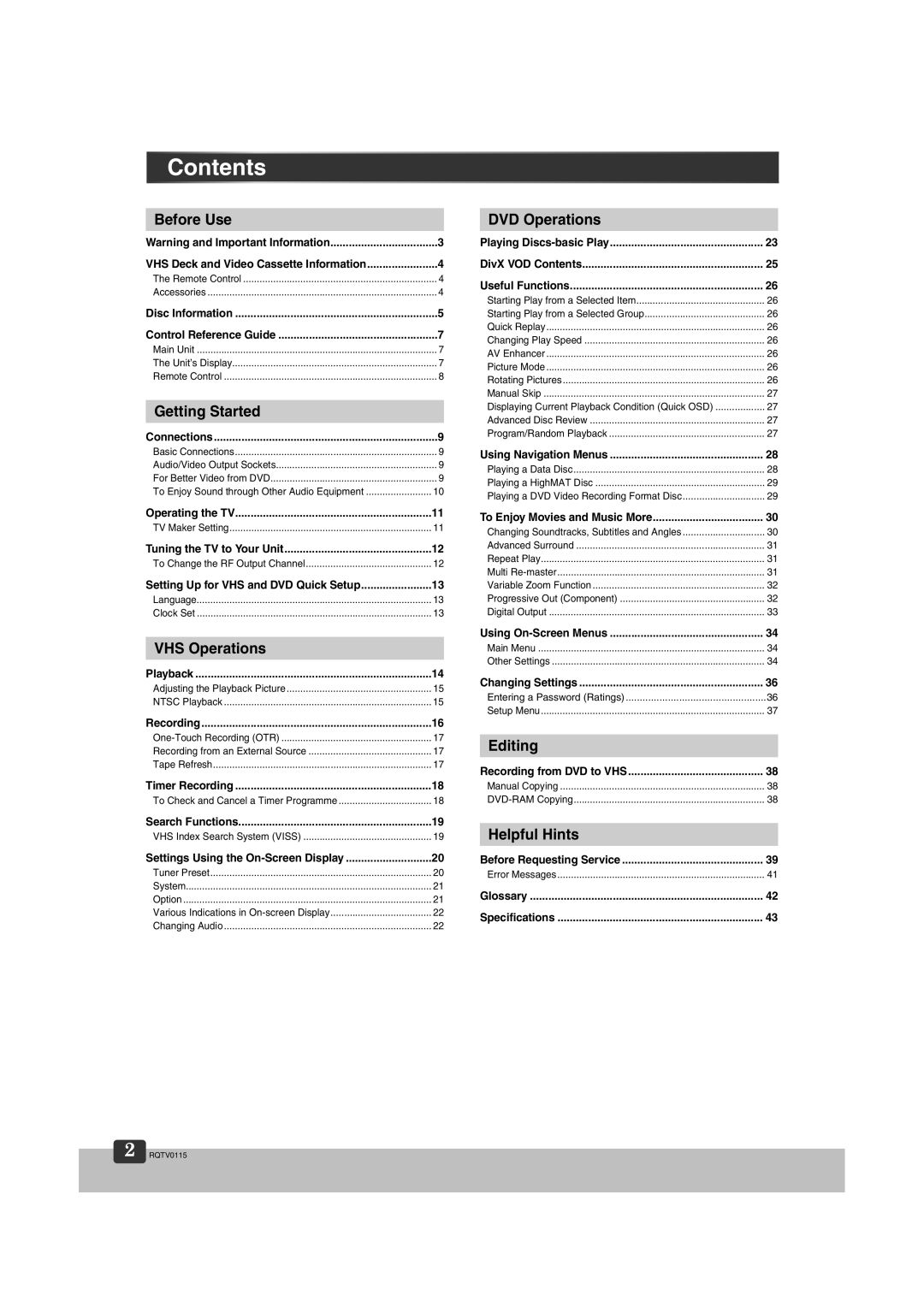 Panasonic NV-VP60 Series manual Contents 