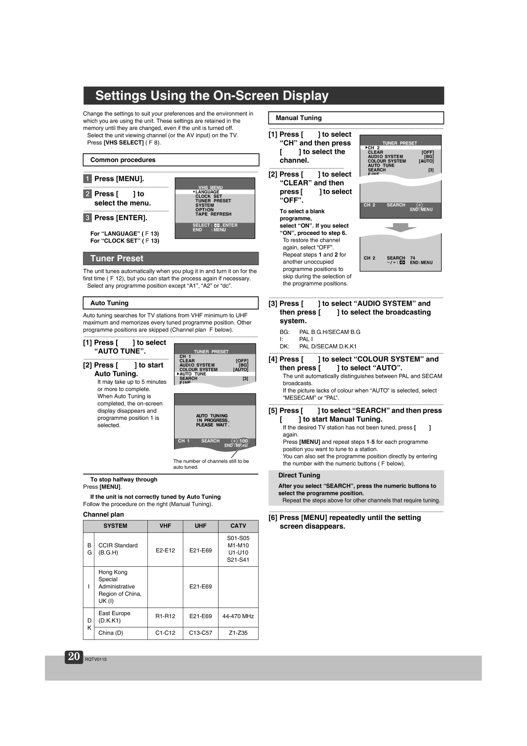 Panasonic NV-VP60 Series manual Settings Using the On-Screen Display, Tuner Preset 