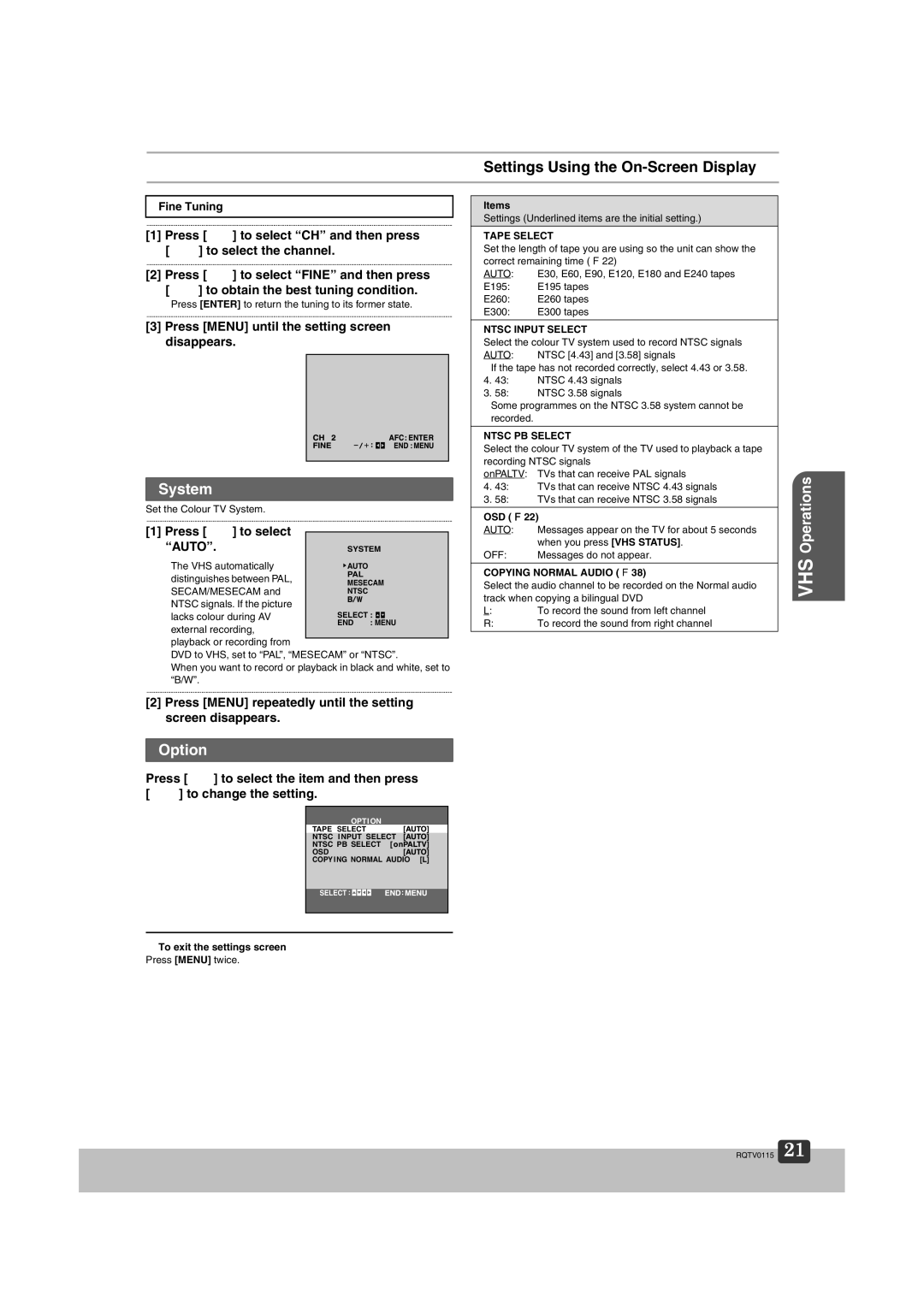 Panasonic NV-VP60 Series manual Settings Using the On-Screen Display, System, Option, Press 34 to select Auto 