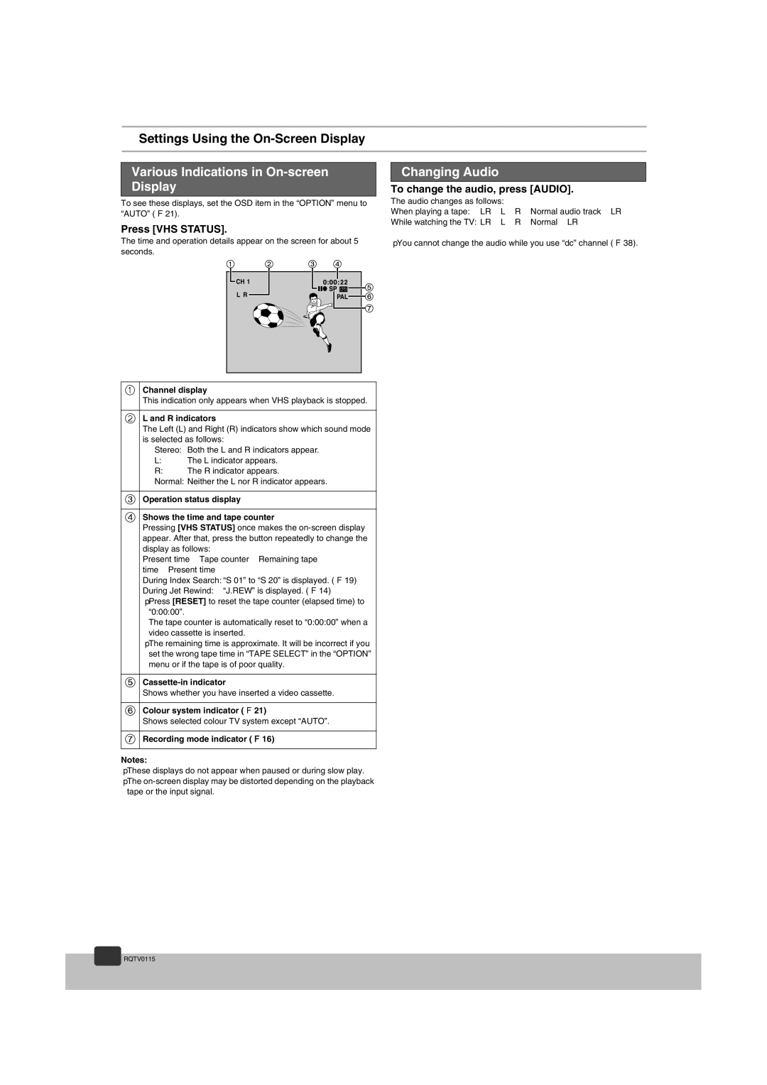 Panasonic NV-VP60 Series manual Various Indications in On-screen Display, Changing Audio, Press VHS Status 