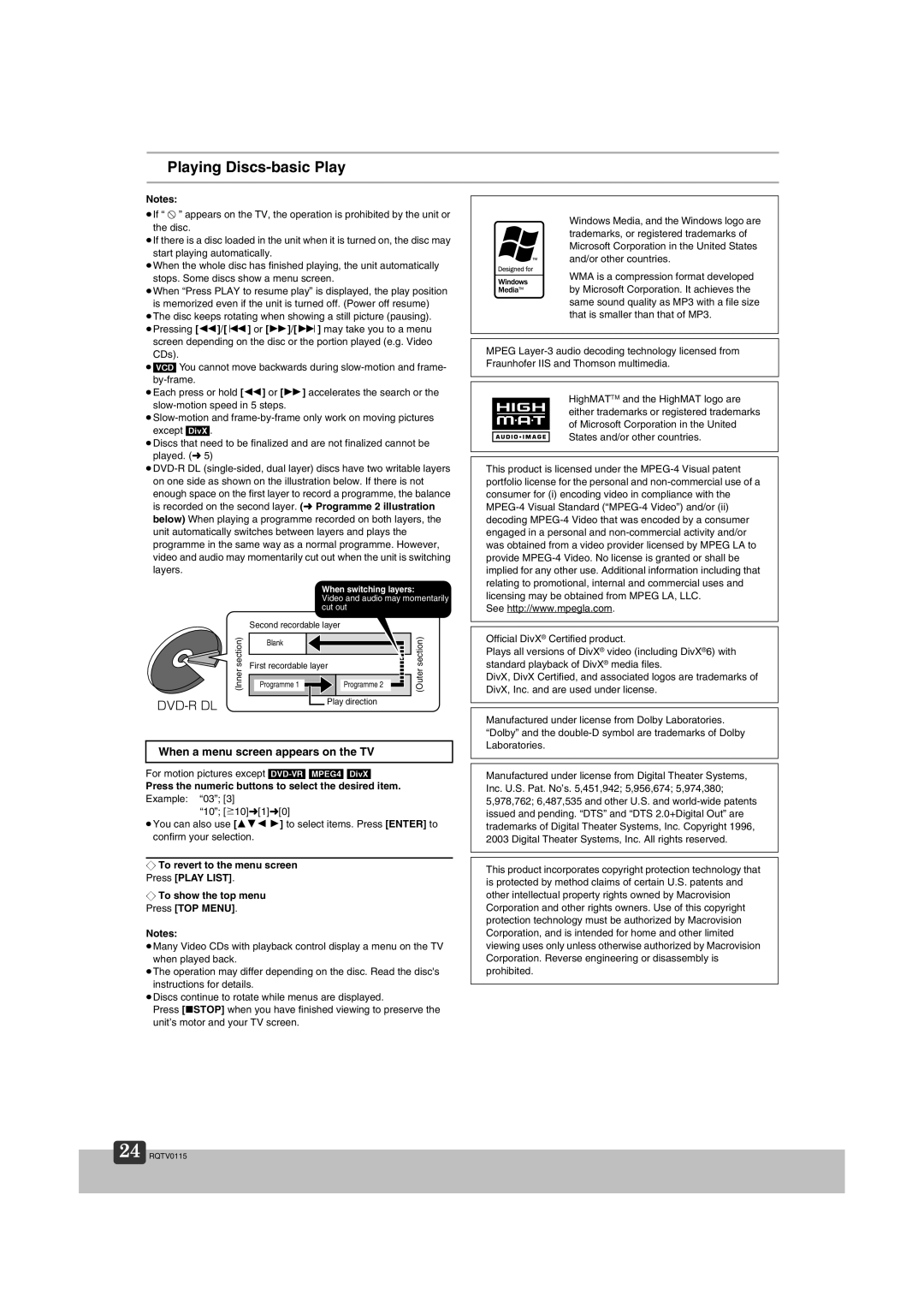 Panasonic NV-VP60 Series manual Playing Discs-basic Play, When a menu screen appears on the TV 