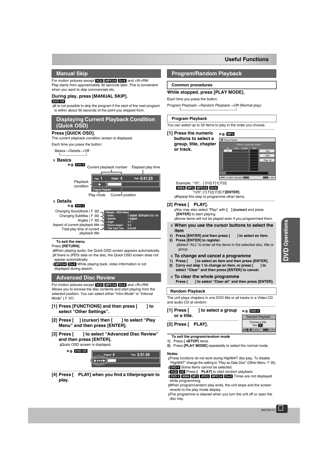 Panasonic NV-VP60 Series manual Useful Functions, Manual Skip, Program/Random Playback, Advanced Disc Review 