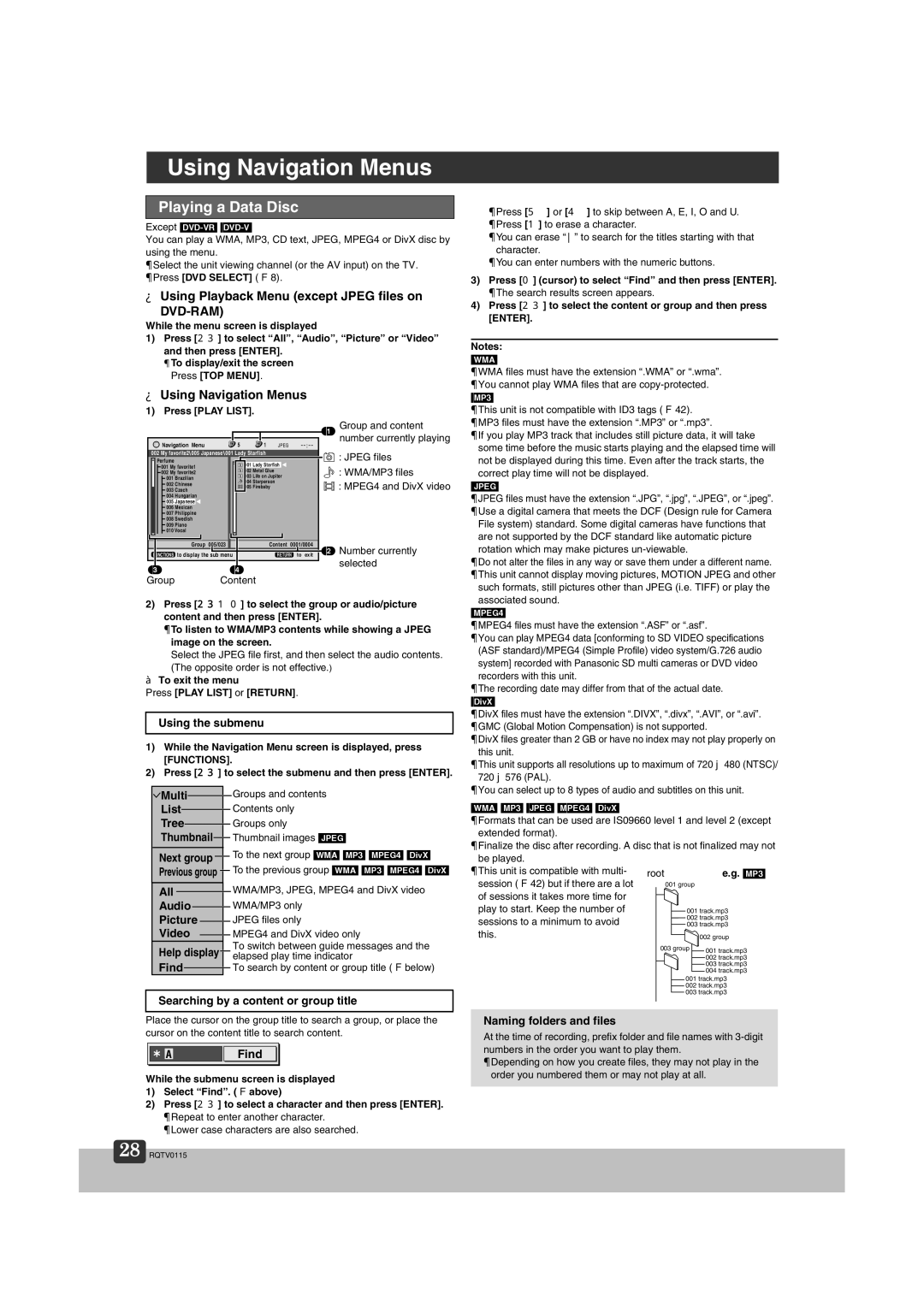 Panasonic NV-VP60 Series manual Using Navigation Menus, Playing a Data Disc, Using Playback Menu except Jpeg files on 