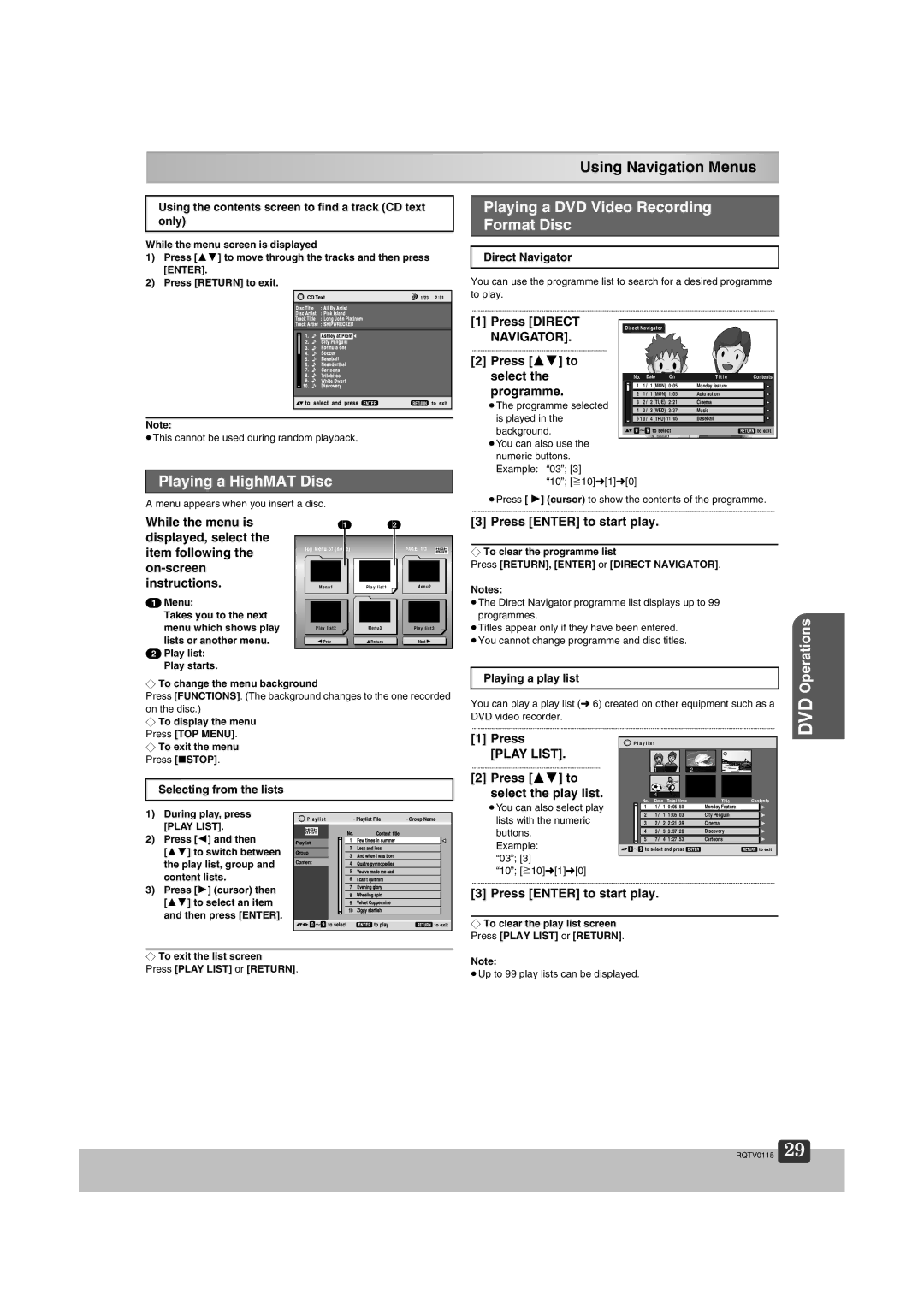 Panasonic NV-VP60 Series manual Using Navigation Menus, Playing a DVD Video Recording Format Disc, Playing a HighMAT Disc 