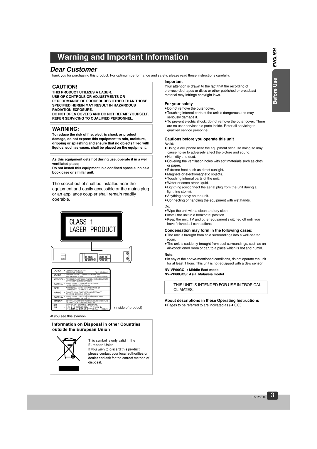 Panasonic NV-VP60 Series manual For your safety, Condensation may form in the following cases 