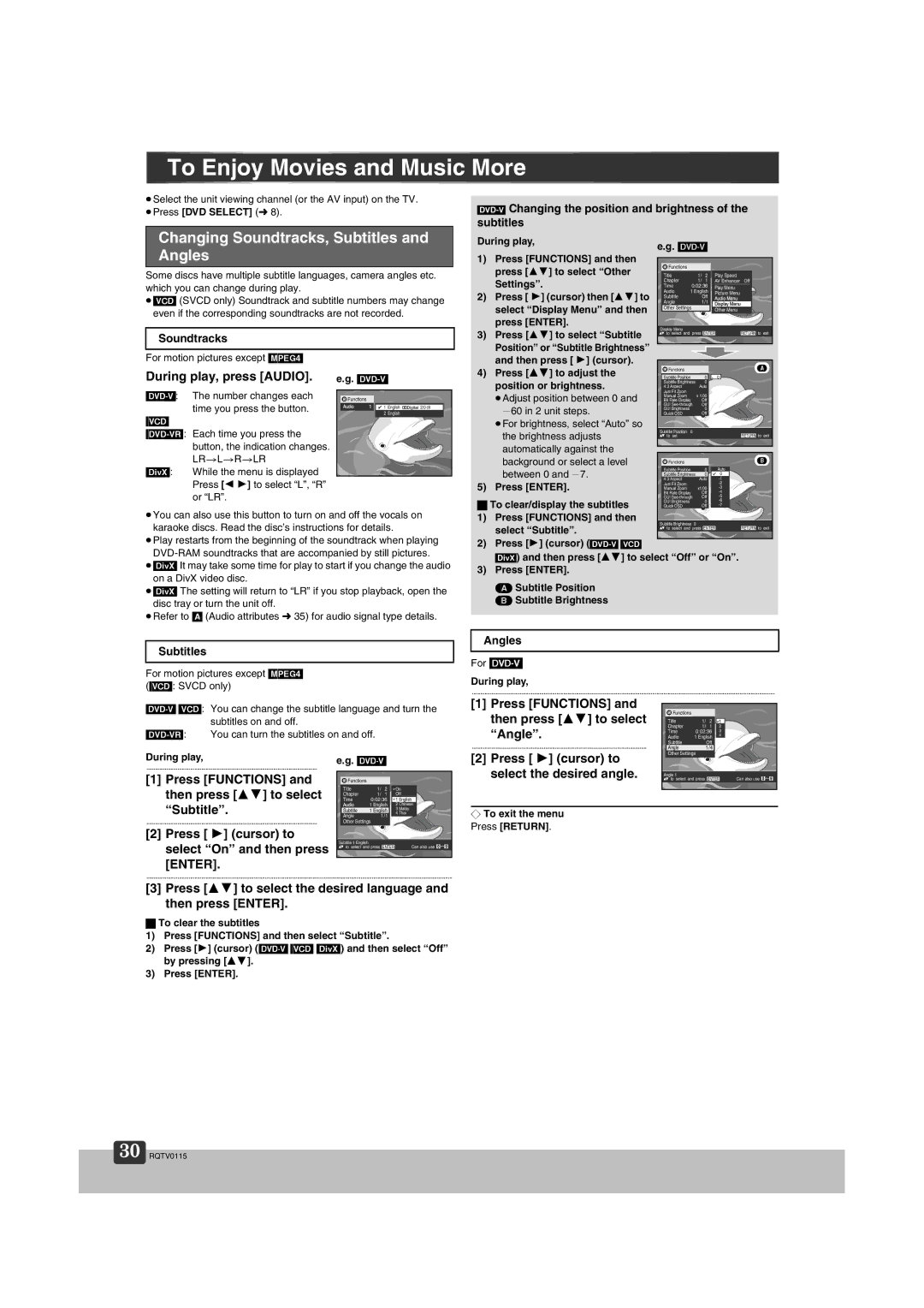 Panasonic NV-VP60 Series manual To Enjoy Movies and Music More, Changing Soundtracks, Subtitles and Angles 