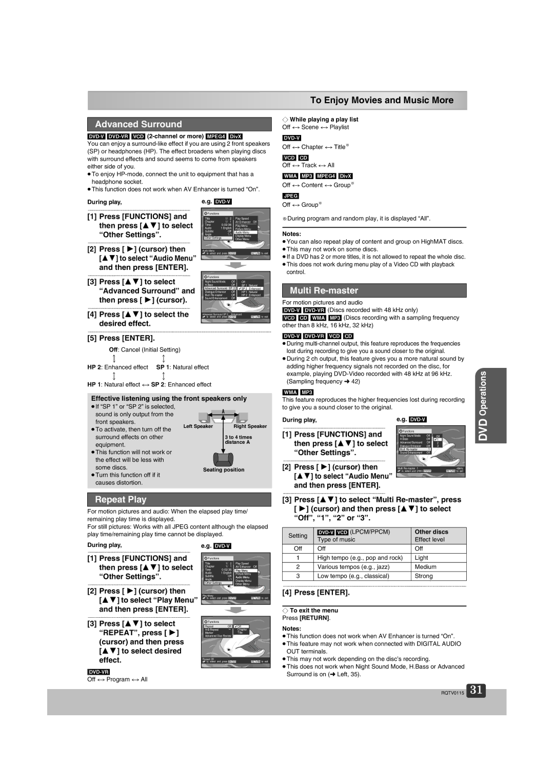 Panasonic NV-VP60 Series manual To Enjoy Movies and Music More, Advanced Surround, Multi Re-master, Repeat Play 