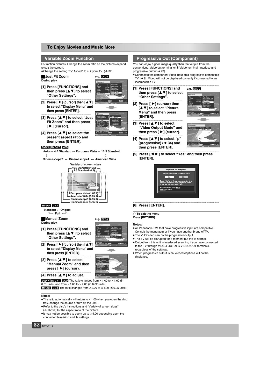 Panasonic NV-VP60 Series manual Variable Zoom Function, Progressive Out Component 