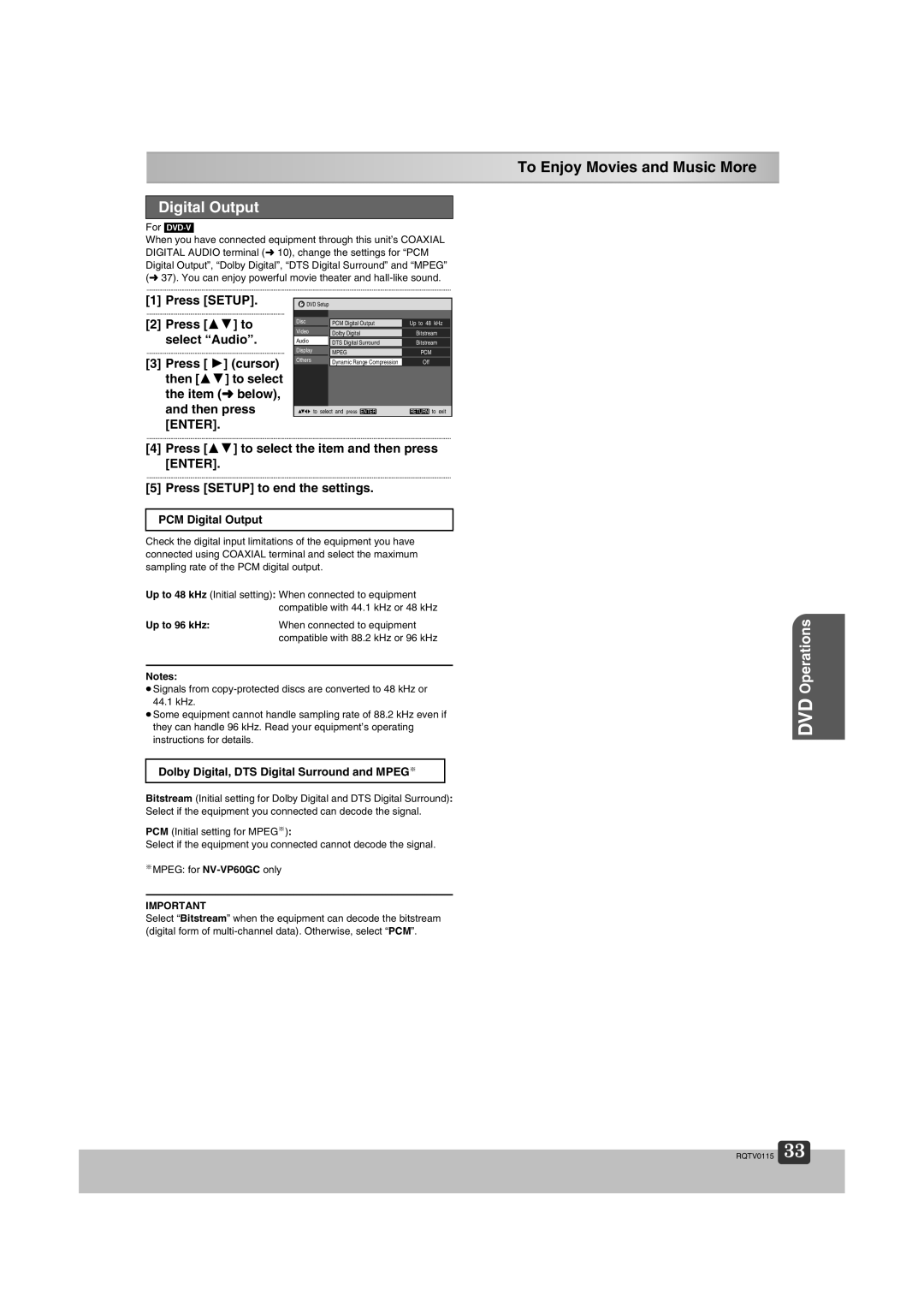 Panasonic NV-VP60 Series manual PCM Digital Output, Dolby Digital, DTS Digital Surround and MPEG§ 