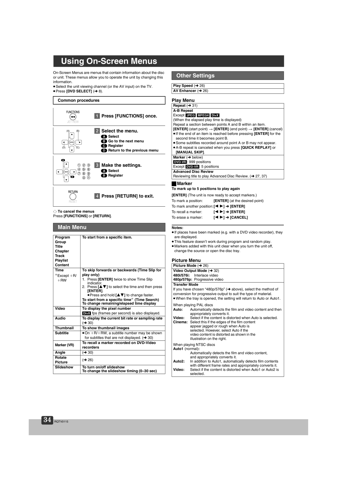 Panasonic NV-VP60 Series manual Using On-Screen Menus, Other Settings, Main Menu 