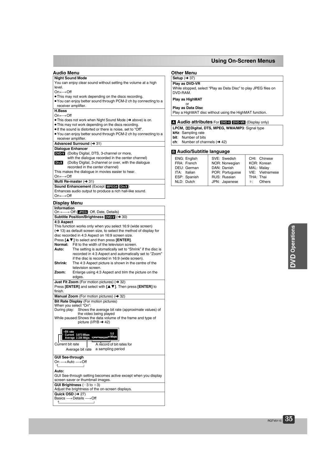 Panasonic NV-VP60 Series manual Using On-Screen Menus, Audio Menu, Other Menu, Audio/Subtitle language, Display Menu 