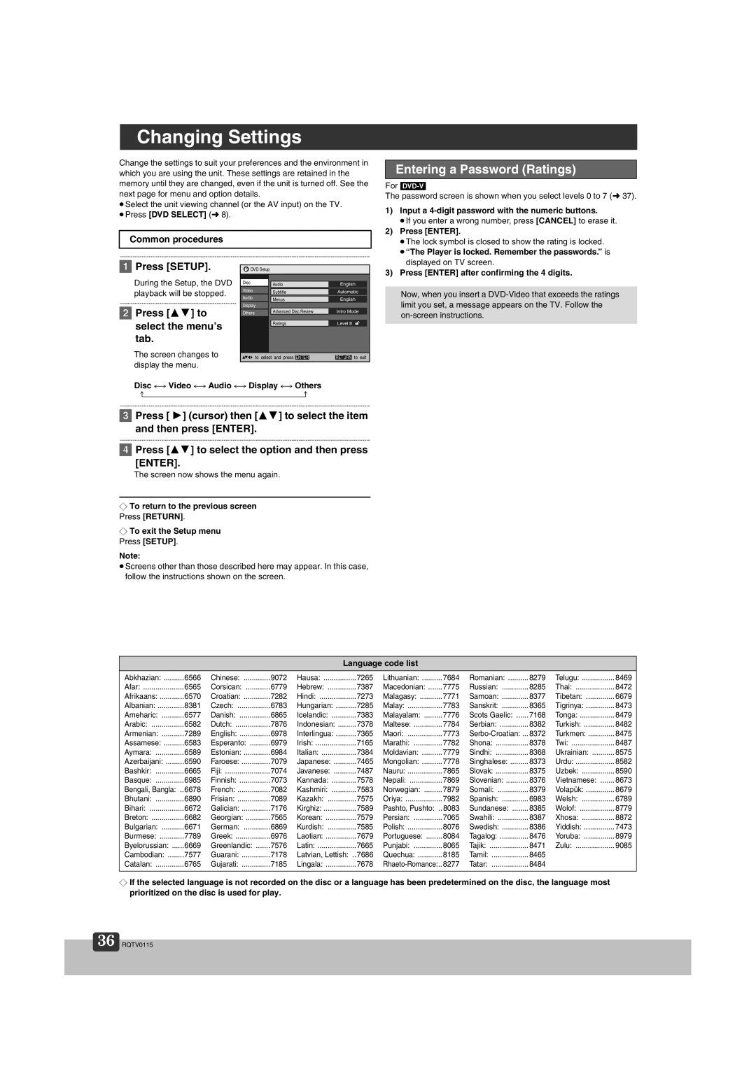 Panasonic NV-VP60 Series manual Changing Settings, Entering a Password Ratings 