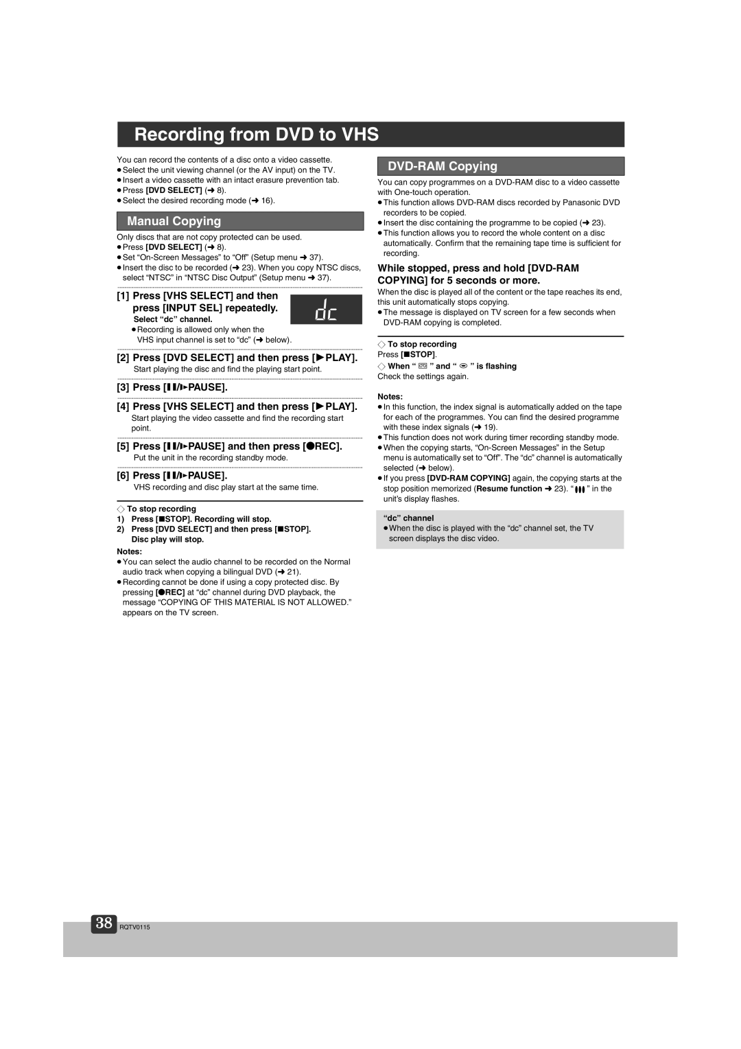 Panasonic NV-VP60 Series manual Recording from DVD to VHS, Manual Copying, DVD-RAM Copying 