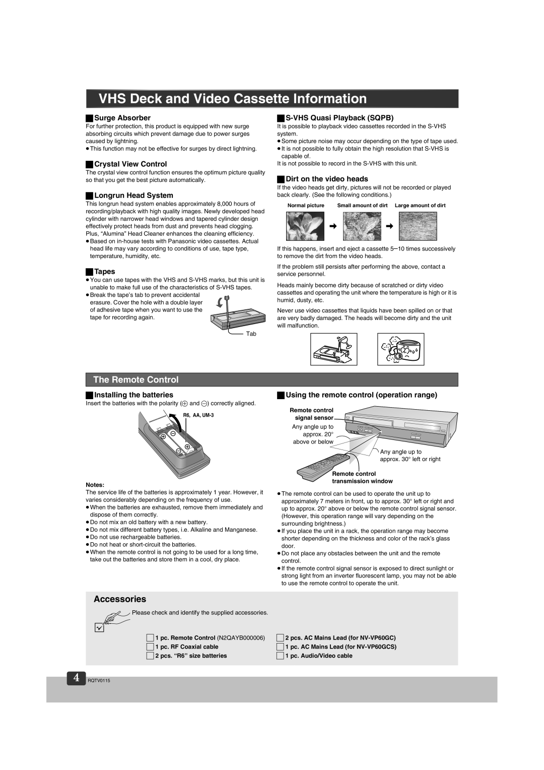 Panasonic NV-VP60 Series manual VHS Deck and Video Cassette Information, Remote Control, Accessories 