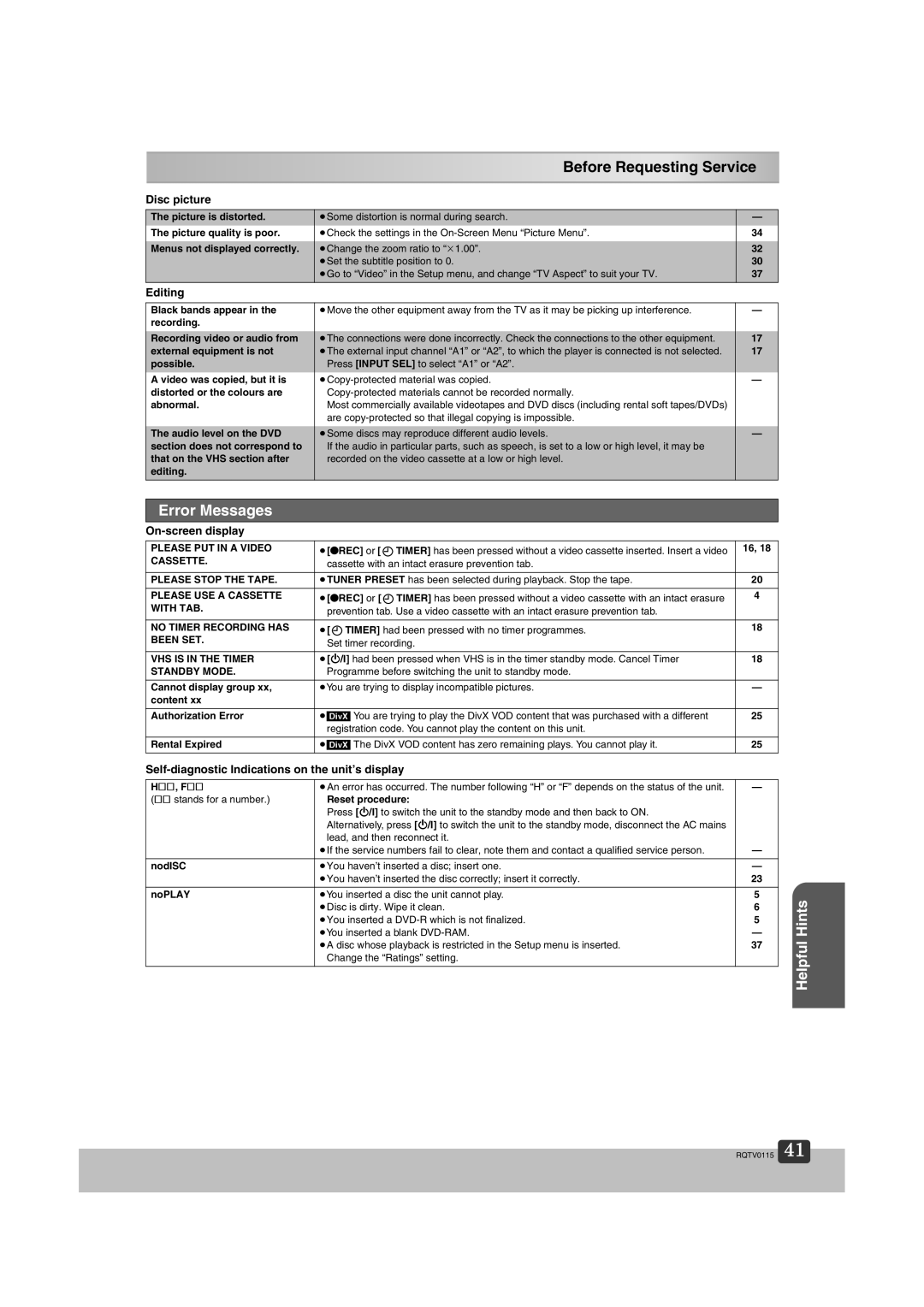 Panasonic NV-VP60 Series manual Error Messages, Hints 