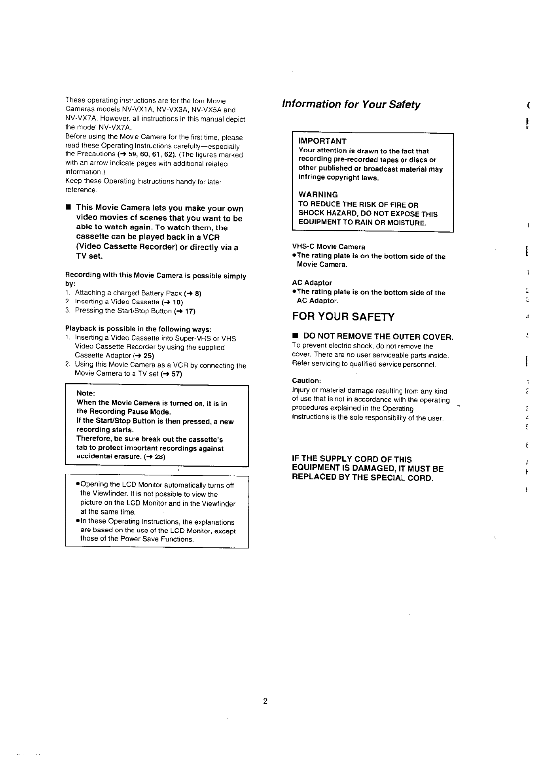 Panasonic NV-VX5A, NV-VX1A, NV-VX3, NV-VX7 manual 