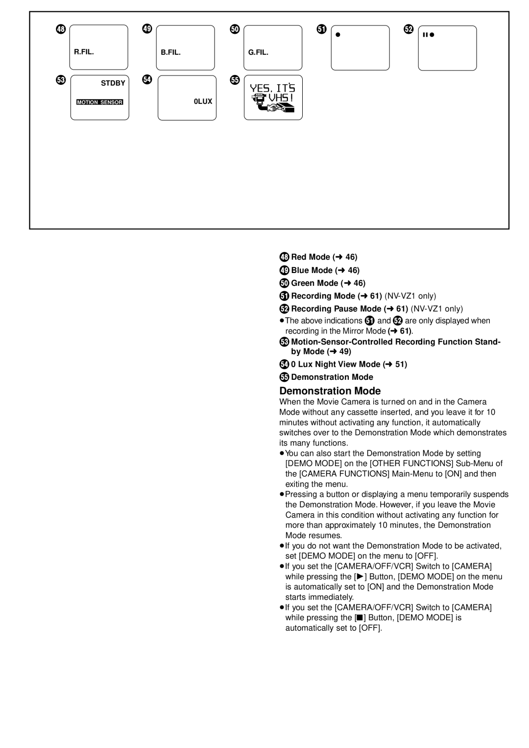 Panasonic NV-VZ1PNA operating instructions C d, Demonstration Mode 