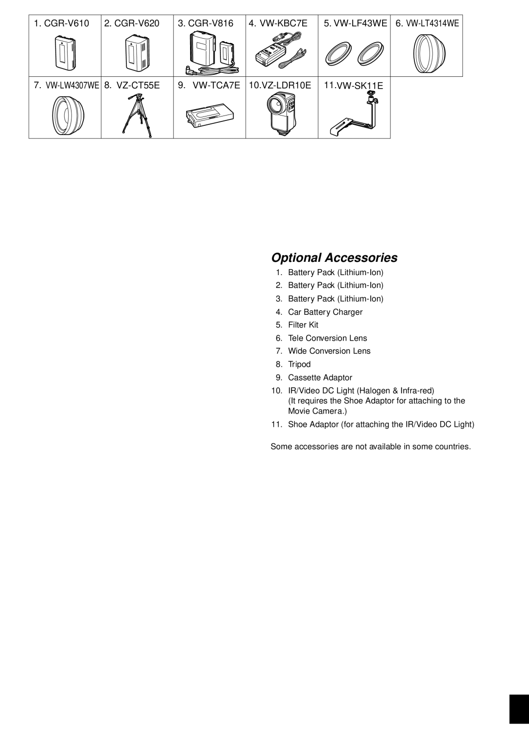 Panasonic NV-VZ1PNA operating instructions Optional Accessories 